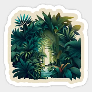 A design featuring a lush jungle scene with a hidden oasis tucked away within it. Sticker